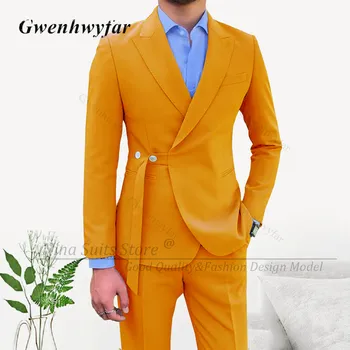 G&N Oranžna Moške Obleke, Casual Stranka Nositi Suknjič&Hlače določa 2023 Priljubljenih Mladih Moških Strani Buttoned Pasu Tuxedos Vrha River Kostum
