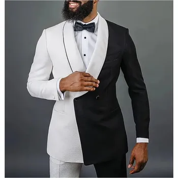 Bela Črna Ujemanje Poroko Tuxedos Dvojno Zapenjanje Mens Hlače, Obleke, Čeden Moški Prom Stranka Formalno Obleko, Suknjič Hlače