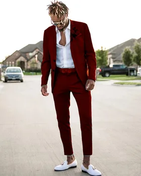 Kostum Homme Burgundija Moške Obleke, 2 Kosa Plaži Groomsmen Poroko Tuxedos Za Človeka Zarezo River Formalno Maturantski Barve(Suknjič+Hlače)