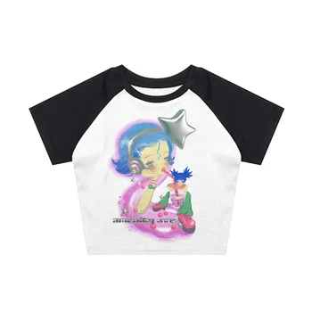 Vintage Kawaii Obreži Zgoraj majica s kratkimi rokavi Ženske Estetike Grunge T-shirt Femme Star Punk Gotska Ulica Oblačila Tiskanje Y2k T-shirt
