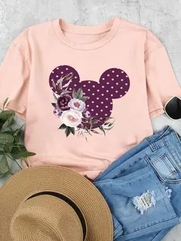Disney Ženske Top Majica Kratek Rokav Mickey Mouse Oblačila Risanka Moda Graphic T-majice Lep Cvet Počitnice Poletje Tee