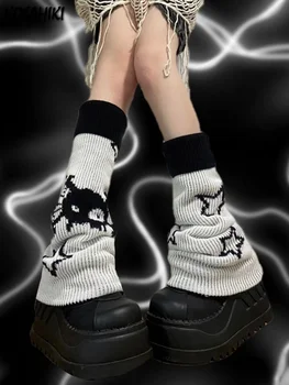 Leg Ogrevalnike Y2k Star Harajuku Lobanje Črno Belo Pleteno Dvo-stranski Obrabe Leg Ogrevalnike Nogavice Punk Dekleta Elegantna Ulične Noge Pokrov