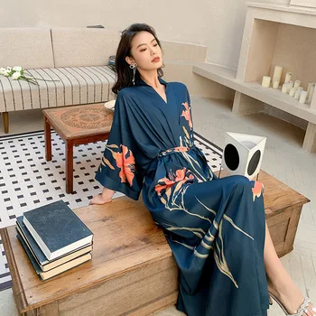 2023 Nove Dolgo Haljo Pomlad Poletje Ženske Sleepwear Kimono Kopalni Plašč Obleke Seksi Saten More Nightgown Svoboden Dom Hišna Obleke