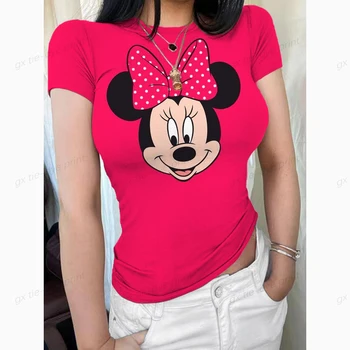 Disney Žensk Seksi T-shirt Summer Fashion Majica 2023 Risanka Žensk Tesen T-shirt Party Y2k Slim Fit Minnie Mouse XS-3XL