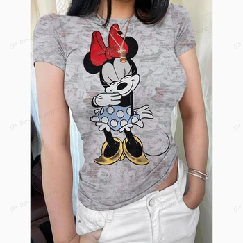 Disney Žensk Seksi T-shirt Summer Fashion Majica 2023 Risanka Žensk Tesen T-shirt Party Y2k Slim Fit Minnie Mouse XS-3XL